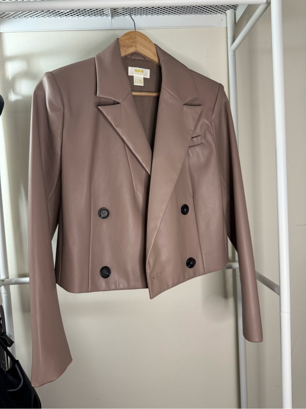 Maeve by Anthropologie Cropped Faux Leather Blazer in Taupe-Mauve